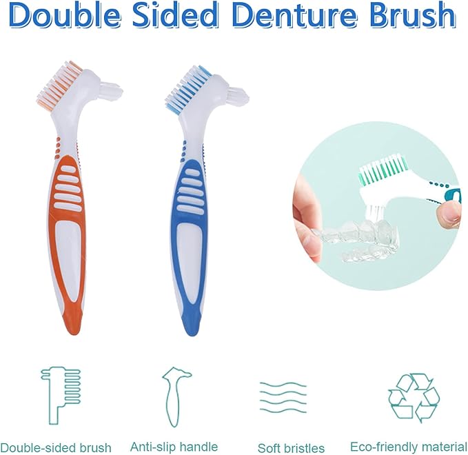 Denture Brush, 2 Pieces False Teeth Toothbrush with White Carrying Case, Orange and Blue Multi-Layered Bristles with Ergonomic Rubber Handle for Dentures Cleaning