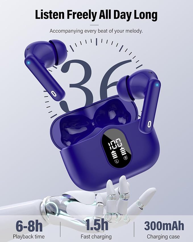 Wireless Earbuds, Bluetooth 5.4 Headphones Bass Stereo, Ear Buds with Noise Cancelling Mic, IP7 Waterproof in Ear Earphones, 36H LED Display Bluetooth Earbuds for Laptop Pad Phones Sports, Dark Blue-StrideForce Fitness