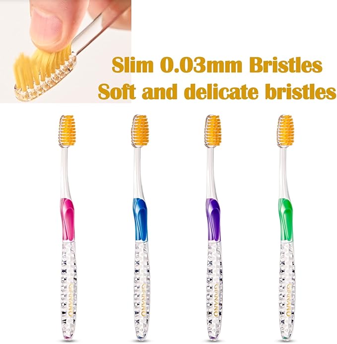 Soft Slim Gold Bristles Toothbrush for Sensitive Gums - Soft Slim Bristles, Compact Head, Toothbrushes for Adults / 4-Piece Set (Blue, Green, Pink, Violet)