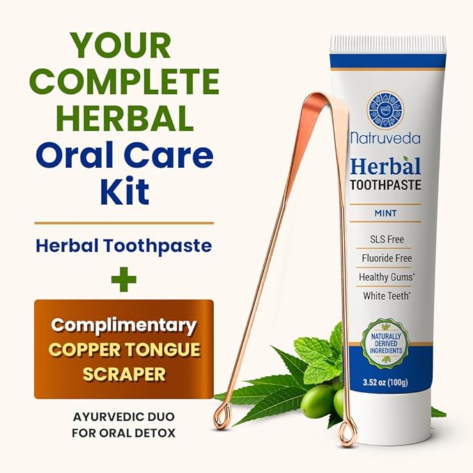 Neem Herbal Toothpaste with Complimentary Copper Tongue Scraper | Fluoride Free, SLS Free, Natural Toothpaste for Adults | Ayurvedic Oral Care with Mint & 8 Herbal Ingredients | 3.52 oz