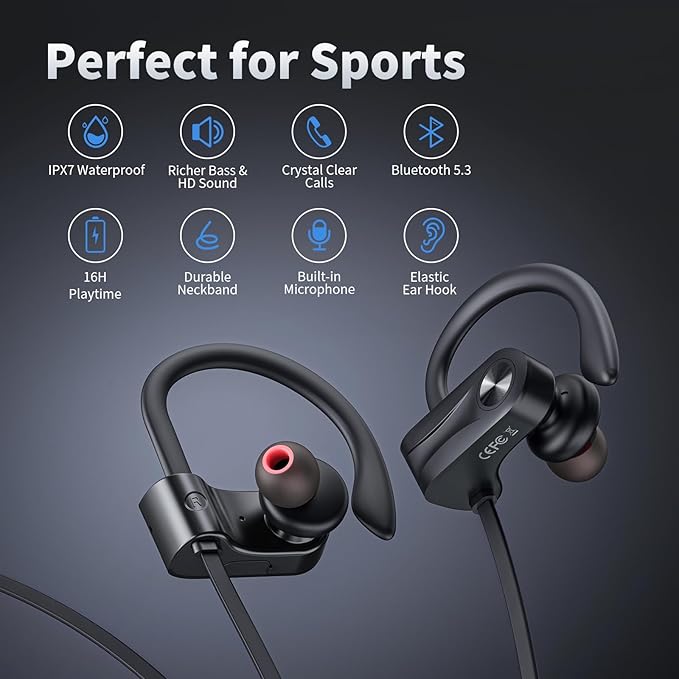 JOYWISE Bluetooth Headphones, Wireless Earbuds Bluetooth 5.3 Headphones with 16Hrs Playtime Stereo Bass Headsets, IPX7 Waterproof Running Earphones for Sports, Black-StrideForce Fitness