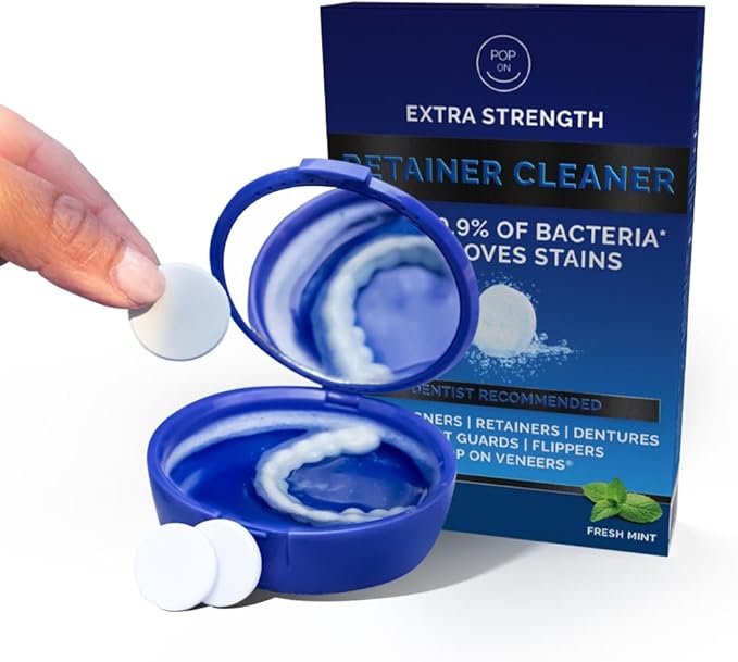 Retainer Cleaning Bundle by Pop On - 30 Retainer Cleaner Tablets, 1 Aligner Cleaner Fresh Foam, 1 Soft Bristle Toothbrush, 1 Mirror Case for Mouth Guards, Night Guards, Invisalign, Veneers, Dentures