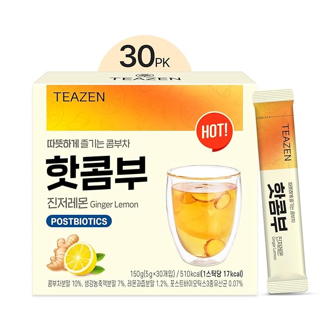 TEAZEN Lemon Ginger Hot Kombucha Tea, Live Probiotics & Postbiotics, Relaxation and Warmth for Colds and Sore Throat, Hydration Drink Mix, Sugar Free, 30 Sticks, 5.29oz-StrideForce Fitness