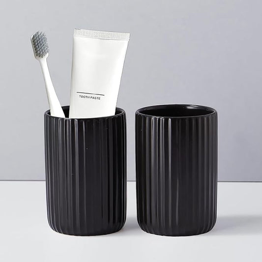 Black Toothbrush Holder, Ceramic Tooth Brush Holder Set, Ribbed Bathroom Cups Tumbler, Reusable Toothbrush Mouthwash Cup, Toothpaste Holder Toothbrush Organizer for Bathroom Counter