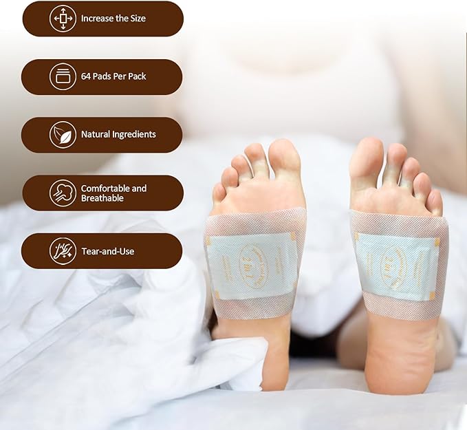2 in 1 Foot Pads, 64 Pads Bamboo Vinegar Coconut Shell Powder Foot Pads with ''Stay in Place'' Bigger Adhesive Sheet-StrideForce Fitness