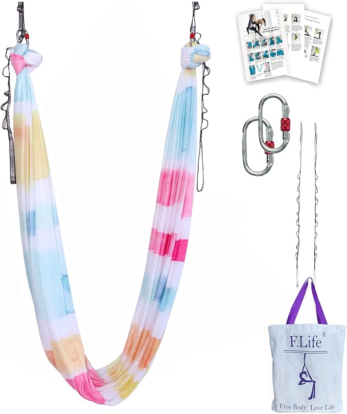 F.Life Aerial Yoga Hammock kit- Yoga Swing Multicolor 5 yards-Flying Yoga Include Daisy Chain,Carabiner and Pose Guide-StrideForce Fitness