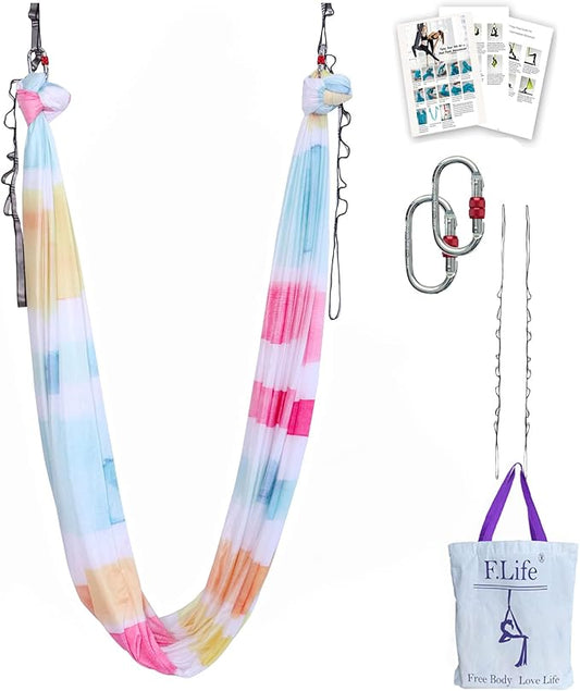 F.Life Aerial Yoga Hammock kit- Yoga Swing Multicolor 5 yards-Flying Yoga Include Daisy Chain,Carabiner and Pose Guide-StrideForce Fitness