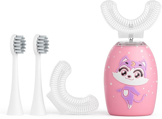 Kids U Shaped Electric Toothbrush Age 2-12, 360-Degree Ultra Quiet Whole Mouth Toothbrush,4 Brush Heads,2 Mode