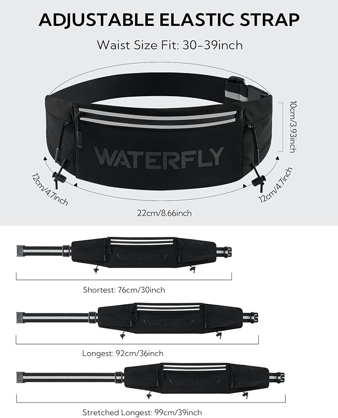WATERFLY Running Belt Fanny Pack: Breathable 3 Pocket Waist Bag for Men Women Workout Exercise Fitness Phone Holder Fits ALL Phones - Runner Marathon Jogging Race Belt With Bib Clip Black-StrideForce Fitness