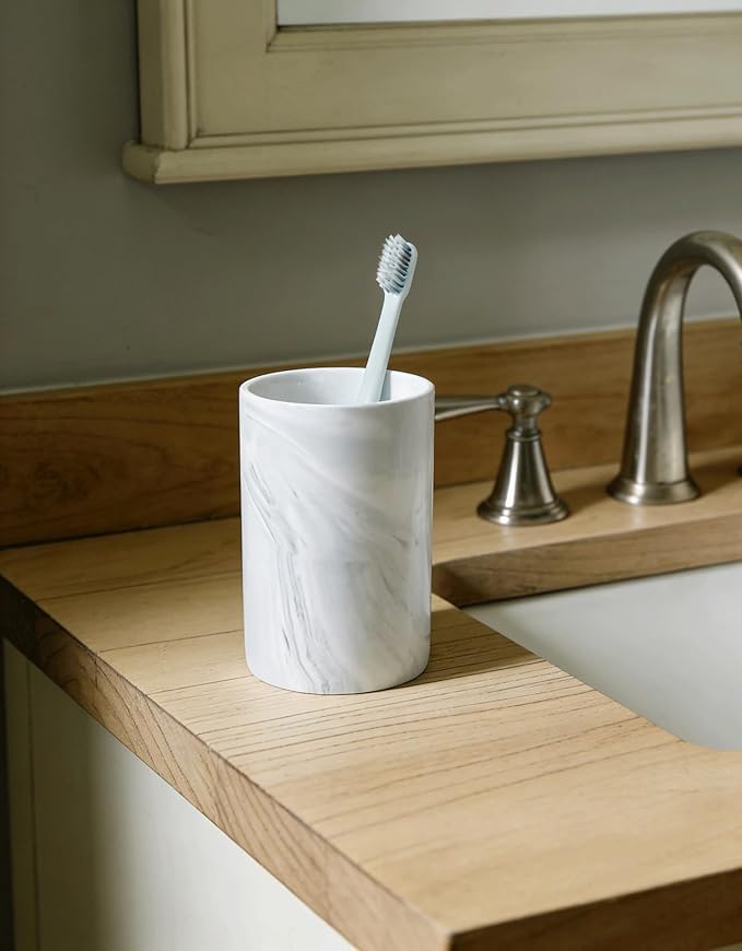 Kelake Ceramic Rustic Gray Marble Bathroom Tumbler Cup for Mouthwash Rinsing Toothbrush and Toothpaste Holder Stand Cups 280 ml Porcelain Milk Drinking Cups for Christmas Birthday