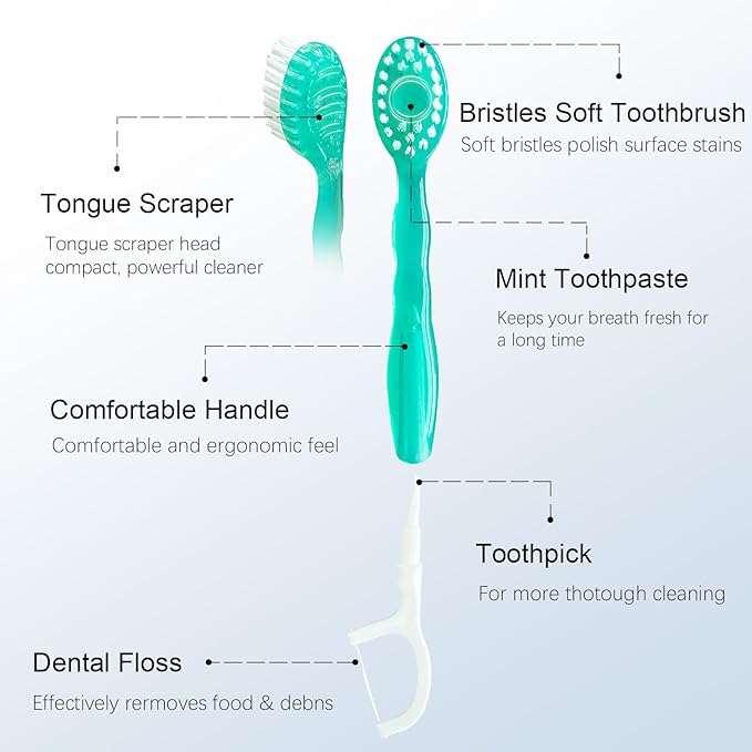 5 in 1 Disposable mini Toothbrushes on The go Toothbrush Portable Travel Toothbrush（Toothpaste + Tongue Scraper + Floss + Picks Individually Wrapped Prepasted Oral Care Mint 24 Packs