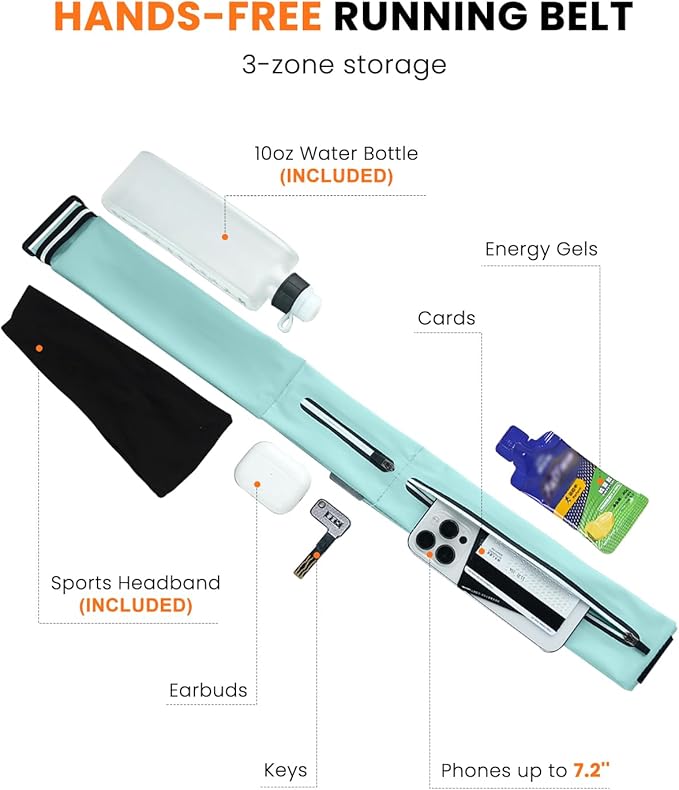 Running Belt for Women and Men, Adjustable Fanny Packs No Bounce Phone Holder for Running with Water Bottle & Headband, Waterproof Reflective Waist Packs for Runner Fits All Phones (L-Blue)
