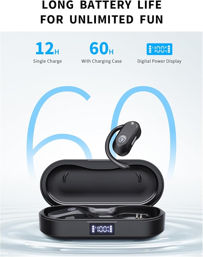 CXK Open Ear Headphones, Bluetooth 5.4 True Wireless Earbuds Bone Conduction Headphones with 60Hrs Stereo Sound, 0.27oz Lightweight Design Open Earbuds with Mic, IPX6 Waterproof Fit Running, Black-StrideForce Fitness