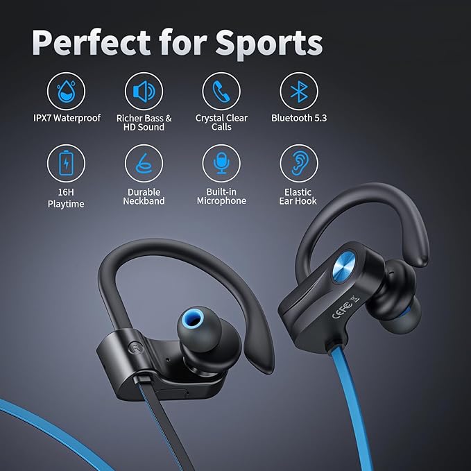 JOYWISE Wireless Headphones Bluetooth 5.3 Headphones with 16 Hours Playtime, Over-Ear Stereo Bass Earphones with Earhooks Headset, Sports Earbuds with Storage Bag for Running, Blue-StrideForce Fitness