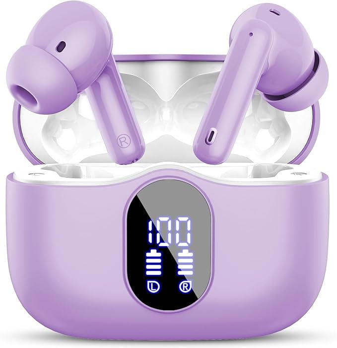 Wireless Earbuds, Bluetooth 5.4 Headphones Bass Stereo, Ear Buds with Noise Cancelling Mic, IP7 Waterproof in Ear Earphones, 36H LED Display Bluetooth Earbuds for Laptop Pad Phones Sports, Purple-StrideForce Fitness