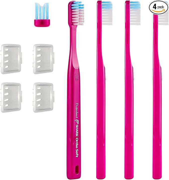 Orthodontic Toothbrush for Braces [4 Packs][Made in Korea] V Trim Cutting American Bristles Braces Toothbrush for Brackets and Wires Cleaning (Shark Ortho Soft, 4 Pack)