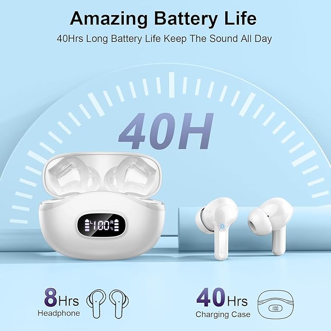 Wireless Earbuds, 2025 Bluetooth Headphones V5.3 HiFi Stereo Ear buds with ENC Noise Cancelling Mics, 40H Bluetooth Earbuds with Dual LED Display, IP7 Waterproof Earphones for Android iOS, White-StrideForce Fitness