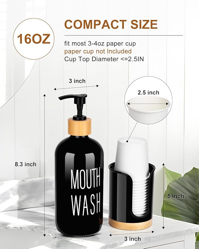 Pump Mouthwash Dispenser with Bathroom Cup Holder, Glass Mouthwash Container, Mouth Wash Bottle Decanter, Small PC 3 oz Cup Dipsenser, Black, Printed Font