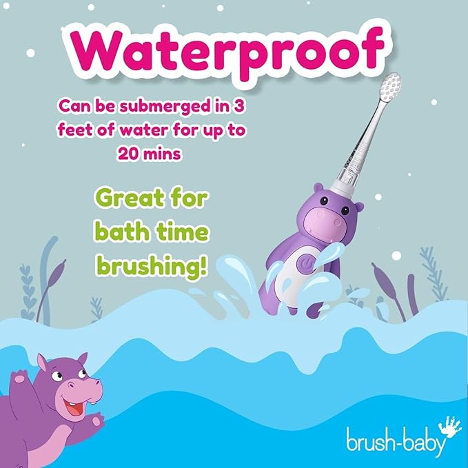 BrushBaby - WildOnes - Kids Rechargeable Electric Toothbrush, Ages 0-10 - Holly Hippo Design with Flashing Lights - DeepClean Bristles for Superior Cleaning - 2 Replacement Brush Heads, 1 USB Cable