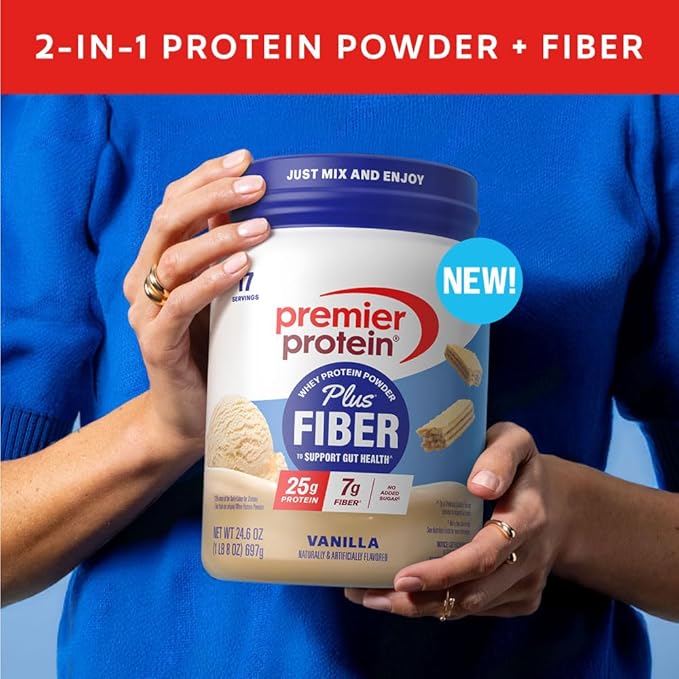 Premier Protein Powder Plus Fiber, 25g Protein, 7g Fiber, Vanilla, No Added Sugar,17 Servings-StrideForce Fitness