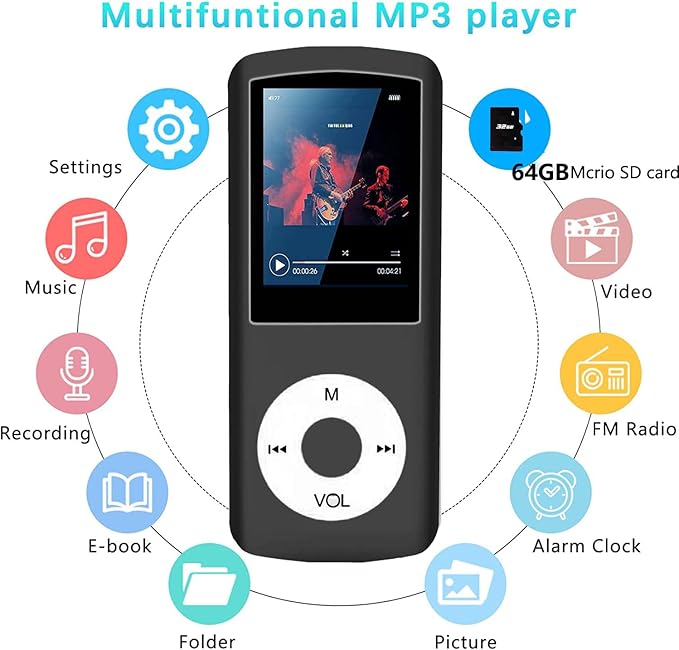 MP3 Player / MP4 Player, Hotechs MP3 Music Player with 64GB Memory SD Card Slim Classic Digital LCD 1.82'' Screen Mini USB Port with FM Radio, Voice Record (Black)-StrideForce Fitness