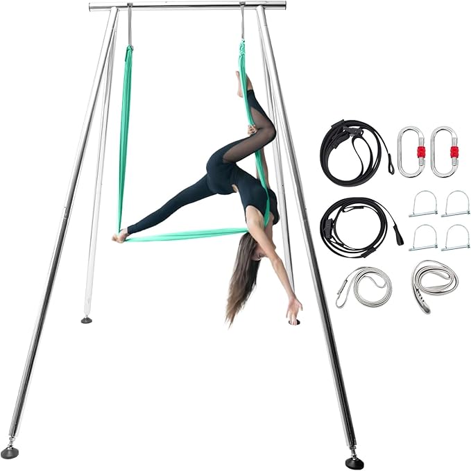 TECSPEC 9.6 FT/115.3 Inch Adjustable Height Aerial Yoga Frame & Hammock, Professional Swing Stand with 18 FT/33FT Aerial Silk, 550lbs Max Capacity-StrideForce Fitness
