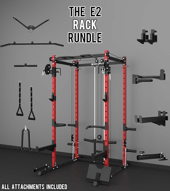 Eonfit E2 Power Cage，1500LB Squat Rack with Cable Crossover System.Multi-Function Power Rack for Home Gum.All-in-One Squat Rack with More Training Attachments-StrideForce Fitness