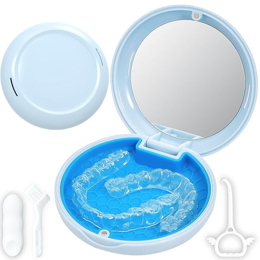 Retainer Case with Mirror,Slim Aligner Case with Vent Holes,Cute Dental Brace Box with Retainer Removal Tool and Brush (Blue Blue)