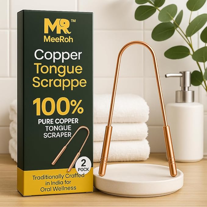 MeeRoh 100% Pure Copper Tongue Scraper Cleaner – 2 Pack – Natural Breath Freshener, Durable & Eco-Friendly Copper Tongue Cleaner
