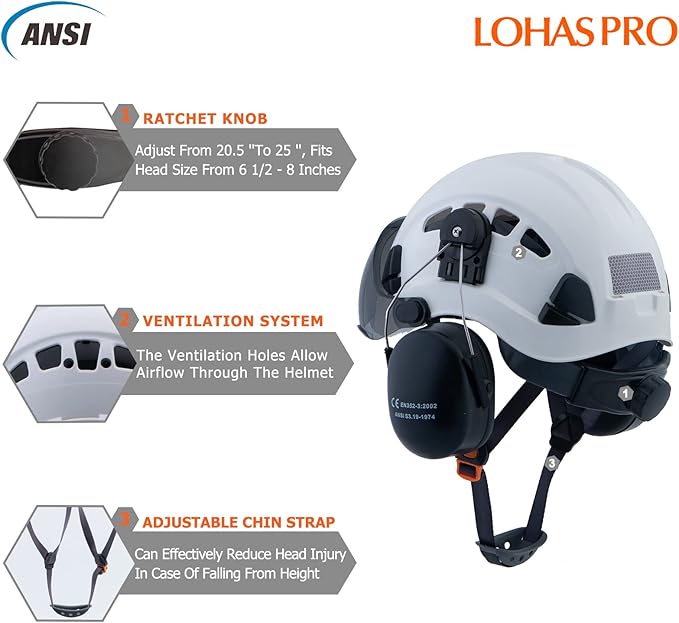 LOHASPRO Arborist Forestry Helmet Safety Hard Hat with Visor and Ear Muffs for Tree Service Logging Cutting Wood Chainsaw Helmet Garden Work Trimming Mowing(P91 White+Smoked Visor+Earmuff)-StrideForce Fitness