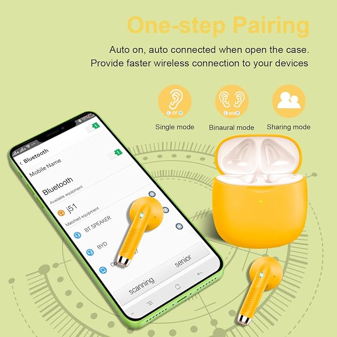 Wireless Earbuds, Bluetooth 5.4 Headphones in Ear with Noise Cancelling Mic, Bluetooth Earbuds Stereo Bass, IP7 Waterproof Sports Earphones, 32H Playtime USB C Charging Ear Buds Yellow for Android iOS-StrideForce Fitness