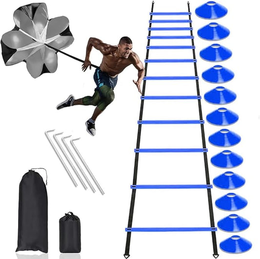 Football Training Equipment | Speed Agility Training Set, Including 1 Agility Ladder, 4 Steel Piles,12 Disc Cones,1 Resistance Umbrella .| for Athletes/Sports Including Football & Basketball-StrideForce Fitness