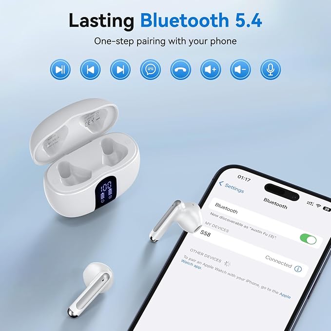 Wireless Earbuds, 2025 Bluetooth 5.4 Bass Stereo Headphones with 4 ENC Mic, 50H Playback Ear Buds with Charging Case LED Display,Sport Earphones IPX7 Waterproof for Phone, Android, Pad, White-StrideForce Fitness