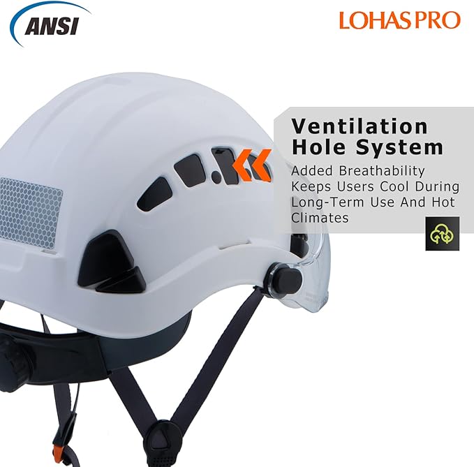 LOHASPRO Hard Hats Construction Safety Helmet with Visor ANSI Z89.1 Approved OSHA Hardhat, Vented Men White Hard Hat with Chin Strap Tree Climbing Arborist Helmet (P1 White+Clear Visor)-StrideForce Fitness