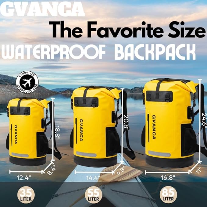 Waterproof Dry Bag Backpack for Kayaking, Roll Top Kayak Dry Backpack, Floating Outdoor Dry Sack Boating Sailing Canoeing Rafting Fishing Camping 55L Yellow-StrideForce Fitness