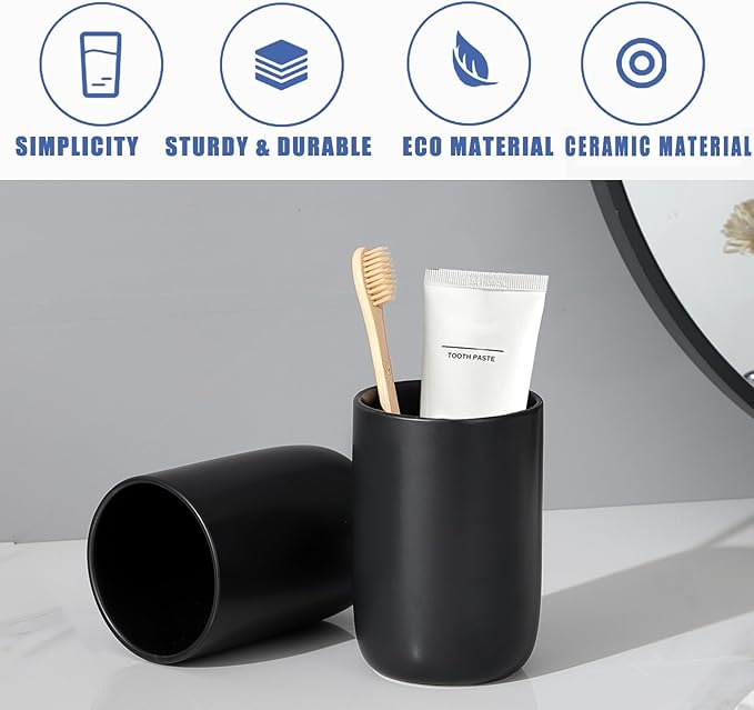 Matte Black Toothbrush Holders for Bathrooms - 2 Cups Ceramic Toothbrush Toothpaste Holders Set, Black Bathroom Tumbler Cups Reusable Toothbrush Cup Black Mouthwash Cup, Bathroom Counter Organizer
