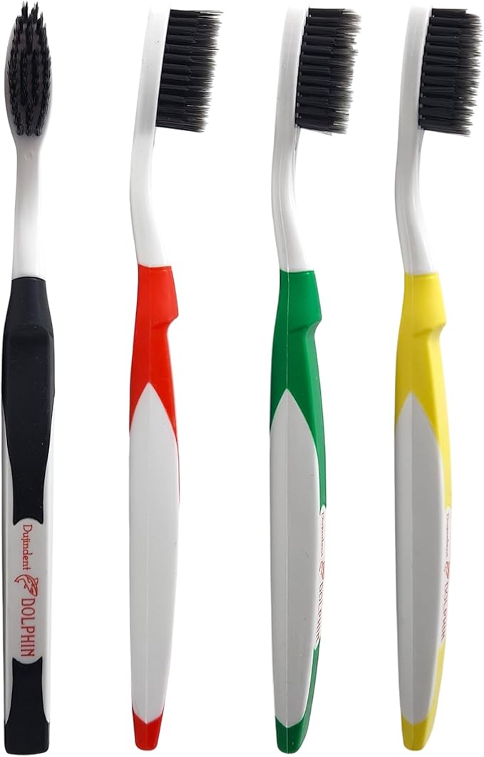 Dolphin Charcoal Toothbrush Extra Soft Bristle Manual Soft Long Flossing, Ultra Clean Toothbrush, Good for Sensitive Teeth and Gums (Multi, Charcoal 4 Packs)
