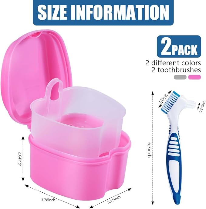 2 Pack Denture Bath Case Cup Box Holder Storage Container with Denture Cleaner Brush Strainer Basket for Travel Cleaning (White and Pink)