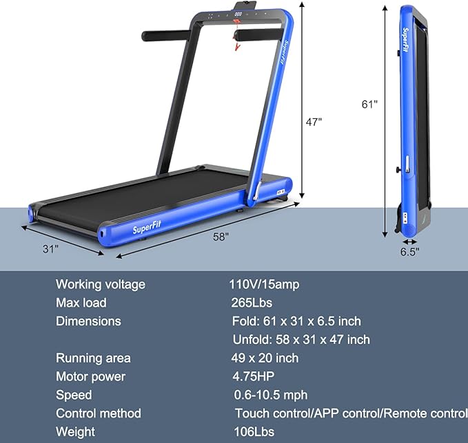 GYMAX Walking Pad, 4.75HP Under Desk Treadmill with LED Touch Screen, App Control, Built-in Speaker & Handle, 2 in 1 Folding Compact Portable Treadmill for Home Small Space-StrideForce Fitness