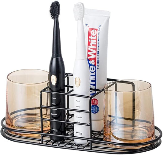Toothbrush Holder with Cup Holder Electric Toothbrush Toothpaste Holder, Stainless Steel Bathroom Stand or Wall-Mounted Black