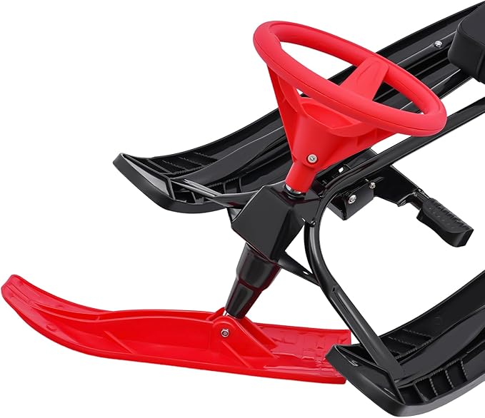 Sleds for Snow, Portable Snow Racer Winter Ski Sled Snow Sled W/Steering Wheel, Outdoor Ski Sled Slider Board for 3-15 Years Kids, Toboggan Pulling Boat Seat Sled for Ice Skating-StrideForce Fitness