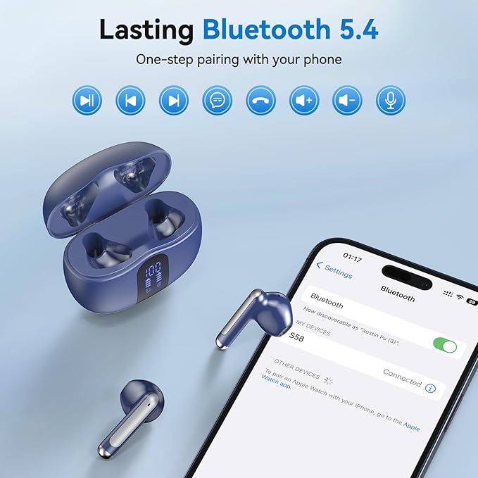 Wireless Earbuds, 2025 Bluetooth 5.4 Bass Stereo Headphones with 4 ENC Mic, 50H Playback Ear Buds with Charging Case LED Display,Sport Earphones IPX7 Waterproof for Phone, Android, Pad, Blue-StrideForce Fitness