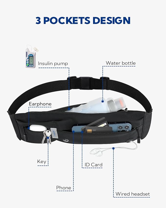 WATERFLY Running Belt Fanny Pack: Runner Marathon Jogging Waist Pack Sport Workout Exercise Fitness Phone Holder Belt for Men Women Jogger Slim Waistband Black-StrideForce Fitness