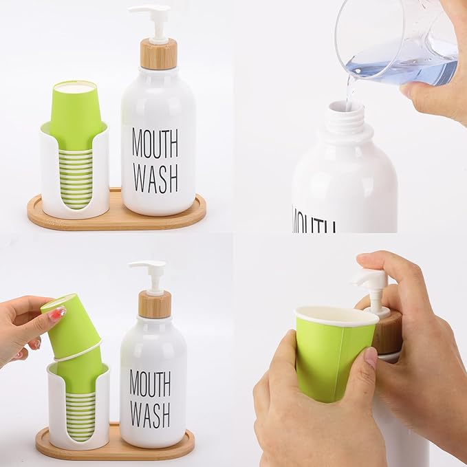 Mouthwash Dispenser with Cup Holder, Plastic White Mouth Wash Pump Bottle with Tray for Bathroom Organizers, 17oz Refillable Clear Mouthwash Container