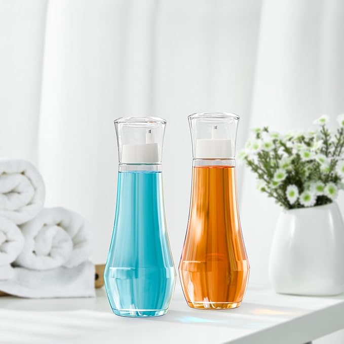 VITVITI Glass Mouthwash Dispenser for Bathroom, 8.8OZ Mouth Wash Container Bottle with Lid Cup, Small Clear Refillable Mouthwash Dispenser Decanter for Countertop, Set of 2