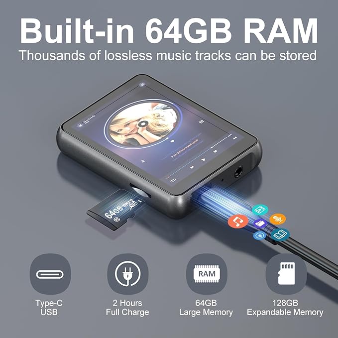 64GB MP3 Player Bluetooth 5.3 Touch Screen Music Player Portable mp4 Player with Speakers high Fidelity Lossless Sound Quality 2.4 inch mp3 FM Radio Recording e-Book-StrideForce Fitness