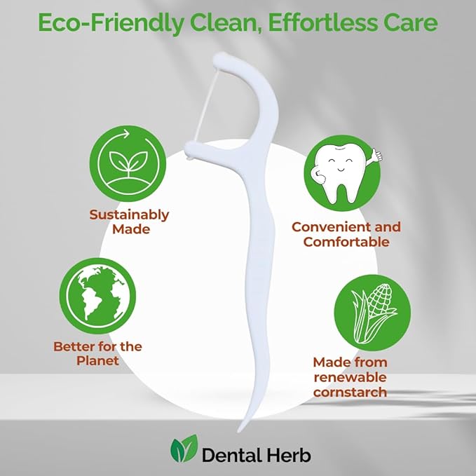 Dental Herb Company Biodegradable Dental Floss Picks, 200 Count (4×50) - Unflavoured, Plant-Based, Plastic-Free & BPA-Free Tooth Flossers, Vegan & Eco-Friendly Oral Care