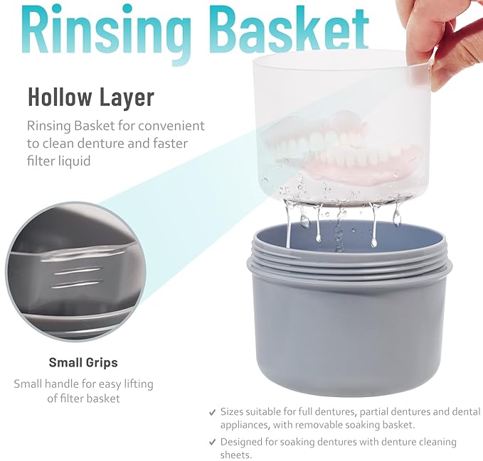 Denture Case with Denture Brush, No Leak Denture Bath Box, Denture Travel Case, Denture Cup with Basket for Soaking Dentures (grey)