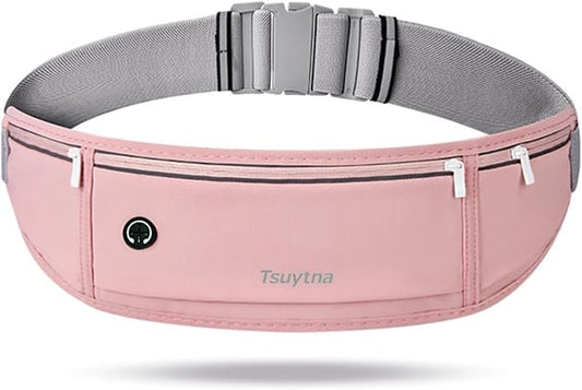 Running Belt for Women & Men - Slim Phone running belt with Water-Resistant Phone Holder, 3 pockets Adjustable Waist Strap, Reflective Safety Design for Running, Hiking, Travel，Fitness (Pink)-StrideForce Fitness