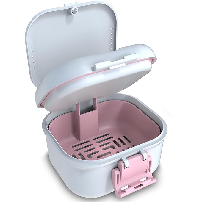 BVN Leakproof Denture Cup, Upgraded Carrying Storage, Denture Bath Box with Filter, Denture Cup for Soaking Dentures, Travel Retainer Cleaning Case (White+Pink).